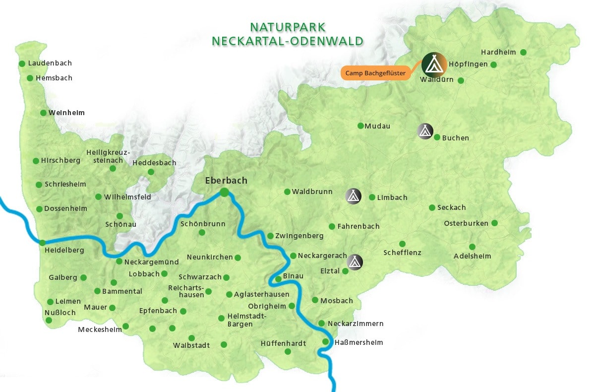 Karte des Naturparks Neckartal-Odenwald mit markiertem Camp Bachgeflüster bei Höpfingen und umliegenden Orten sowie Flüssen.