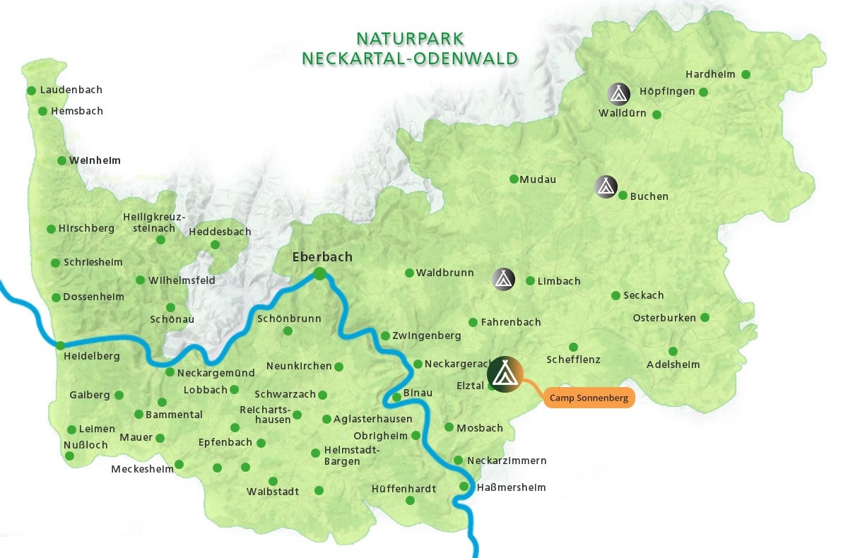 Karte des Naturparks Neckartal-Odenwald mit markiertem Camp Sonnenberg bei Elztal, Wanderwegen und umliegenden Ortschaften wie Eberbach, Mudau und Neckargerach.