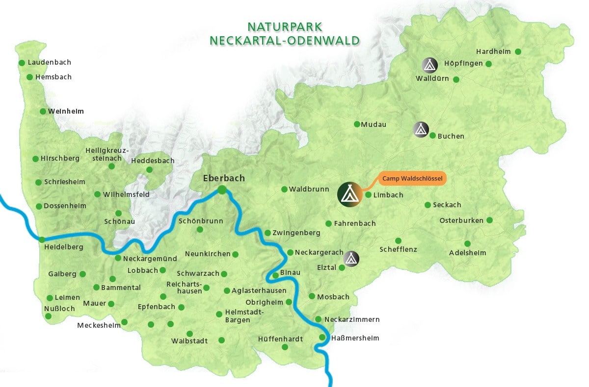 Karte des Naturparks Neckartal-Odenwald mit markiertem Camp Waldschlössel bei Limbach sowie umliegenden Orten und Flüssen.