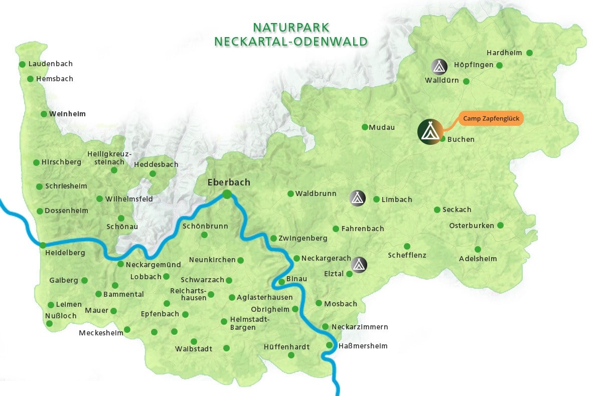 Karte des Naturparks Neckartal-Odenwald mit hervorgehobenem Camp Zapfenglück nahe Buchen und umliegenden Ortschaften sowie Flüssen.
