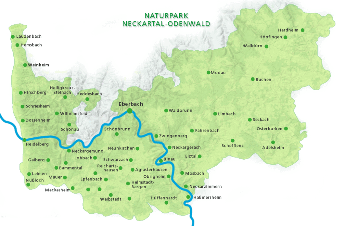Übersichtskarte des Naturparks Neckartal-Odenwald mit markierten Ortschaften und dem Neckar-Verlauf durch die Region.