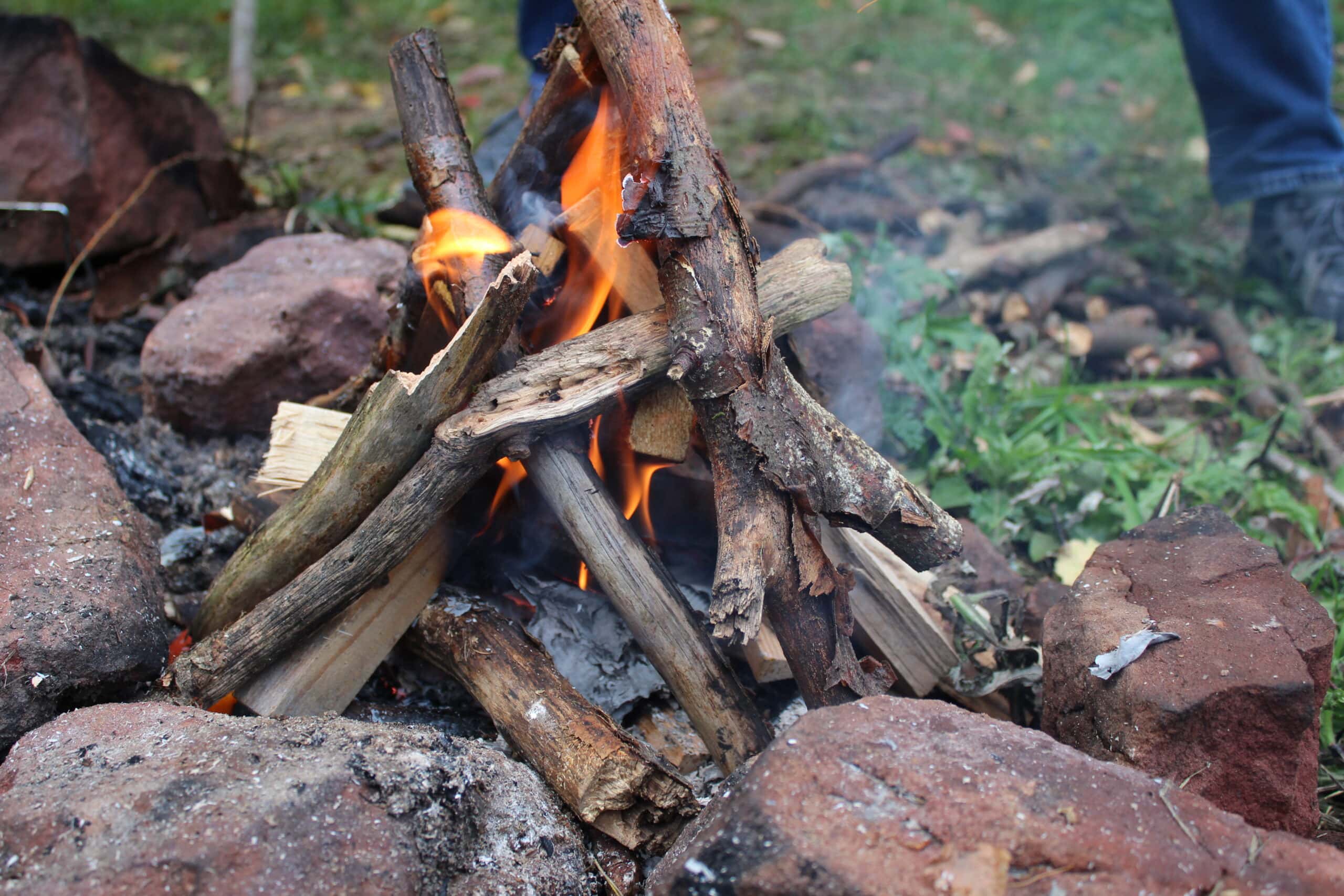Kleines Feuer aus dünnen Ästen auf einer Steinsetzung in einem Wald, umgeben von moosbewachsenen Felsen und Grünpflanzen.