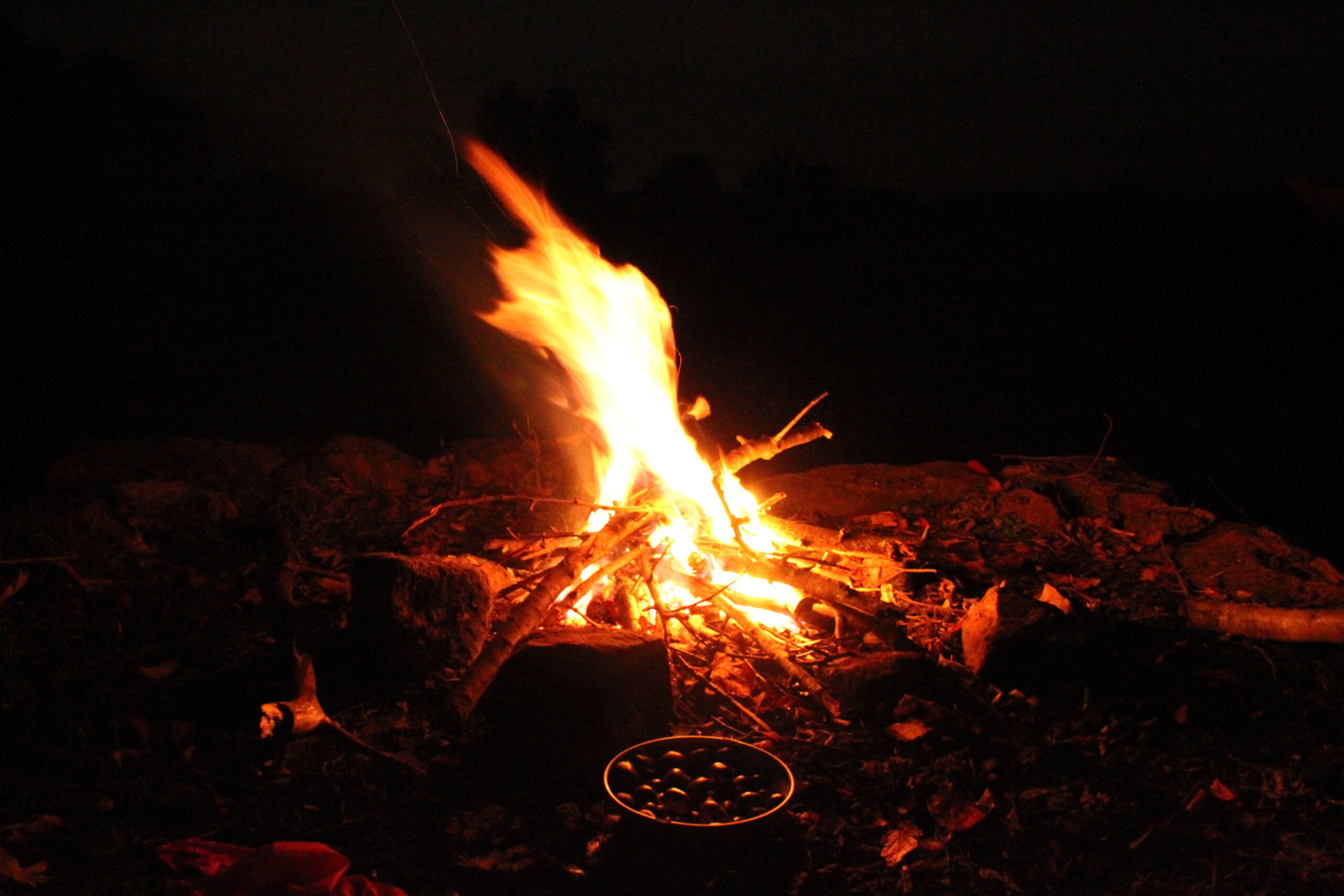 Hohes Lagerfeuer aus brennenden Holzscheiten auf Waldboden, daneben ein metallener Kochtopf, typisch für Outdoor-Kochen im Naturpark.