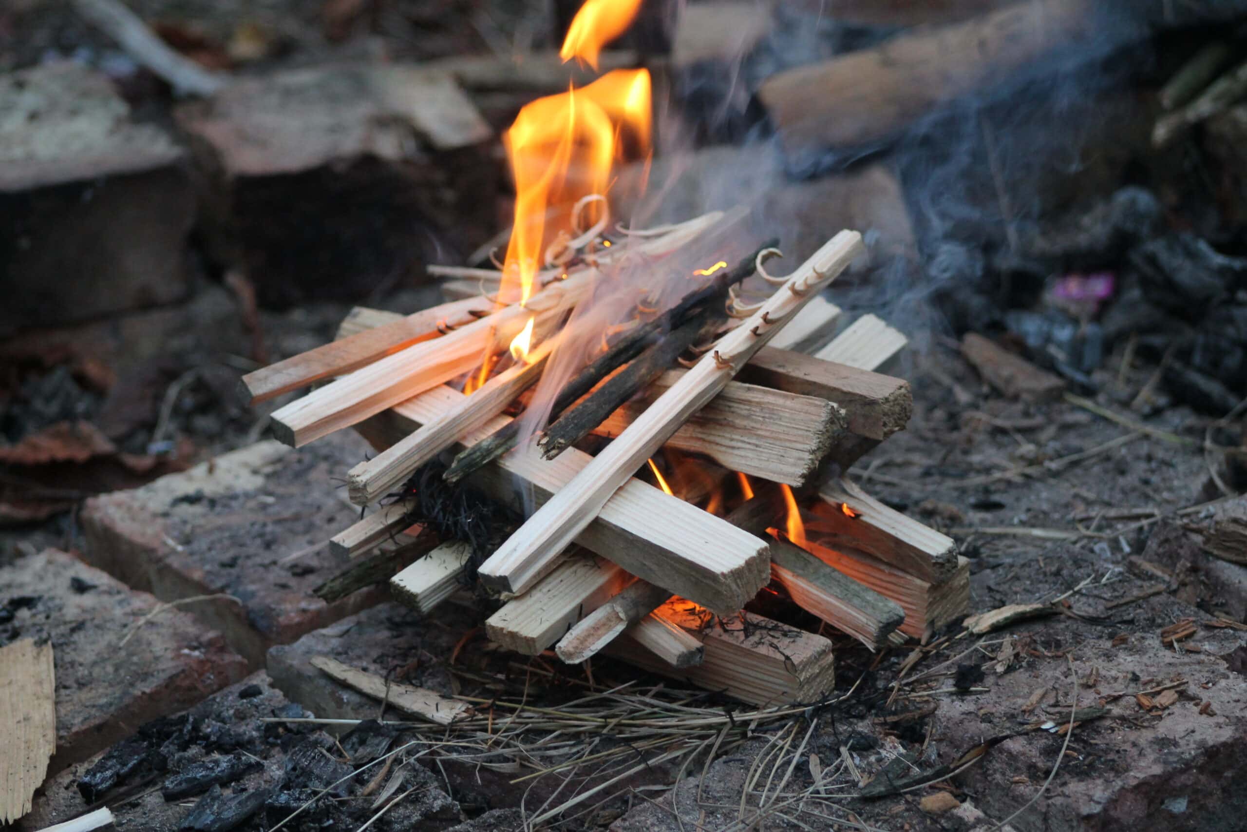 Kleines Lagerfeuer aus dünnen Holzscheiten auf Waldboden, umgeben von trockenem Laub und Ästen im Naturpark Neckartal-Odenwald.