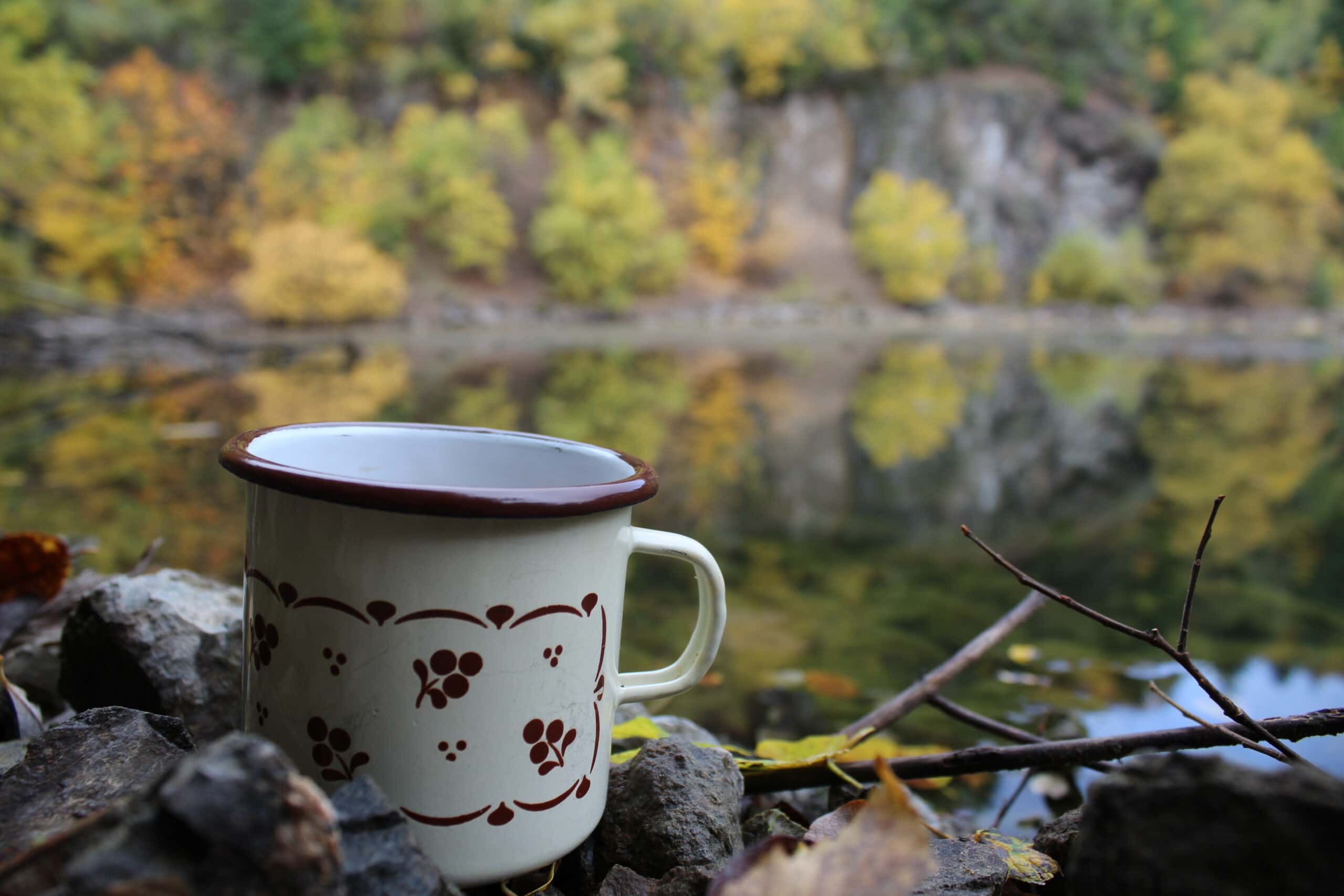 Weiße Trekking-Tasse mit braunen Blumenmustern und rotem Rand steht auf einem Felsen im herbstlichen Wald des Naturparks Neckartal-Odenwald.