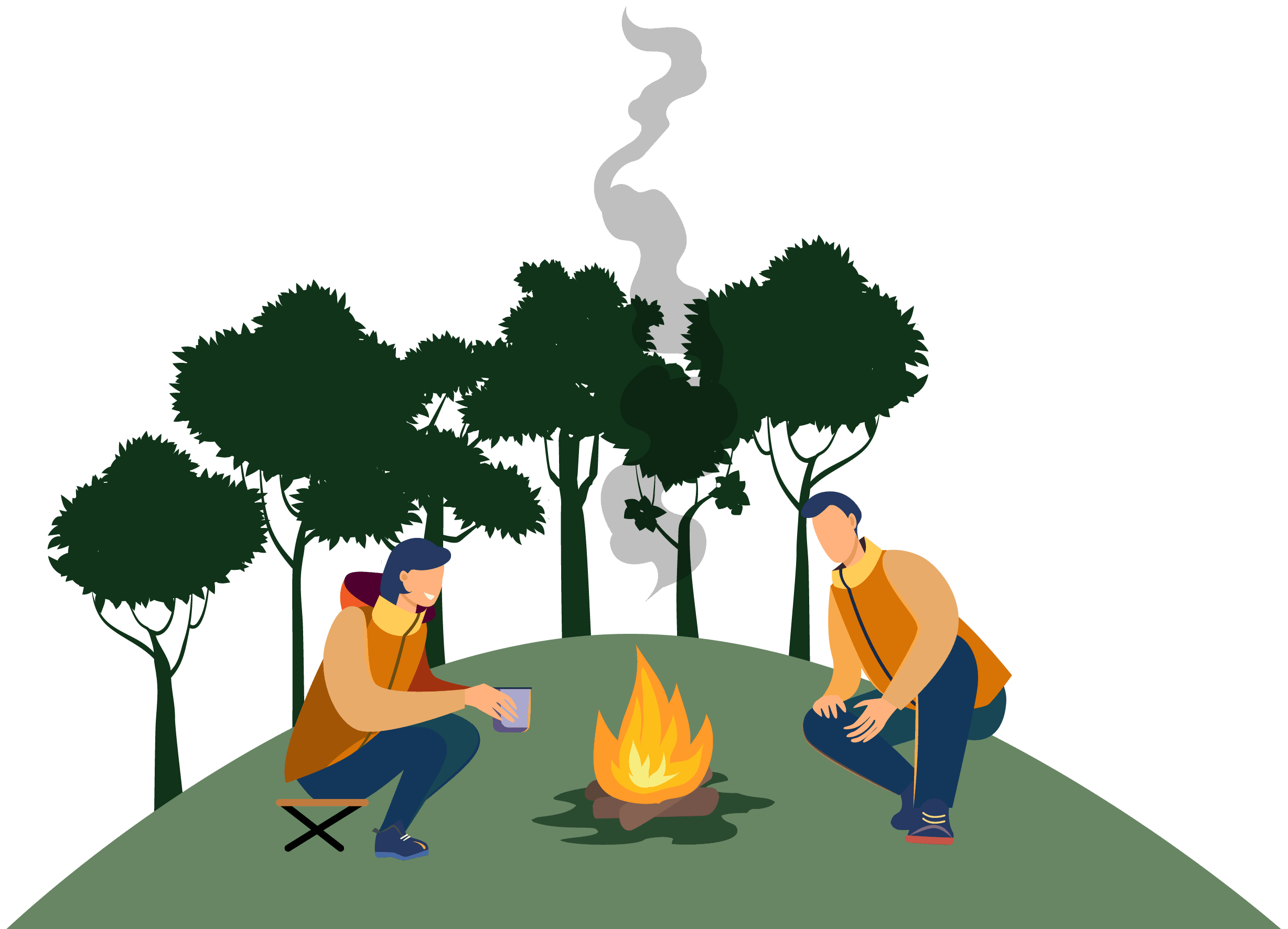Zwei Personen sitzen in einer Waldlichtung am Lagerfeuer, umgeben von Bäumen. Eine Person hält einen Behälter, die andere stützt sich auf Trekkingstöcke.