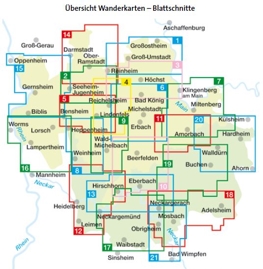 Übersichtskarte der Wanderkarten-Blattausschnitte im Odenwald und angrenzenden Regionen mit nummerierten Kartenfeldern und Orten wie Michelstadt, Beerfelden, Neckargemünd.