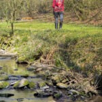 Person mit Rucksack steht am Ufer eines klaren, flachen Bachs im bewaldeten Gelände des Naturparks Neckartal-Odenwald.