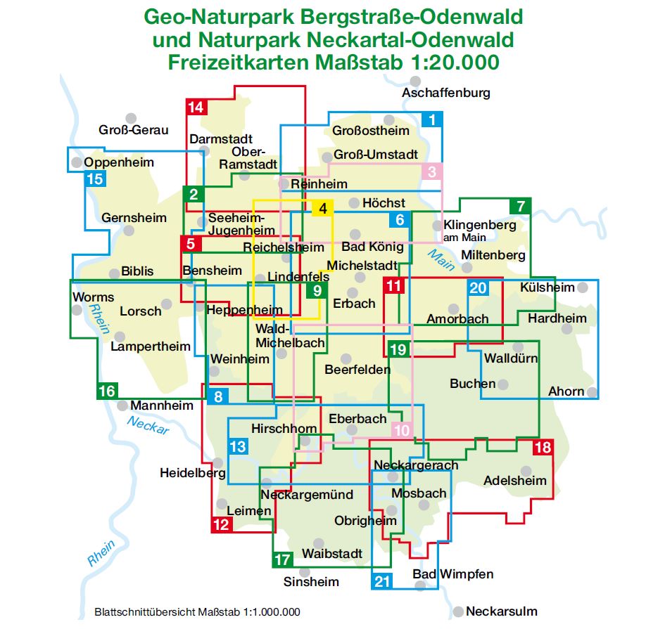 Übersichtskarte der Freizeitkarten für Geo-Naturpark Bergstraße-Odenwald und Naturpark Neckartal-Odenwald im Maßstab 1:20.000 mit nummerierten Blattausschnitten und Orten.