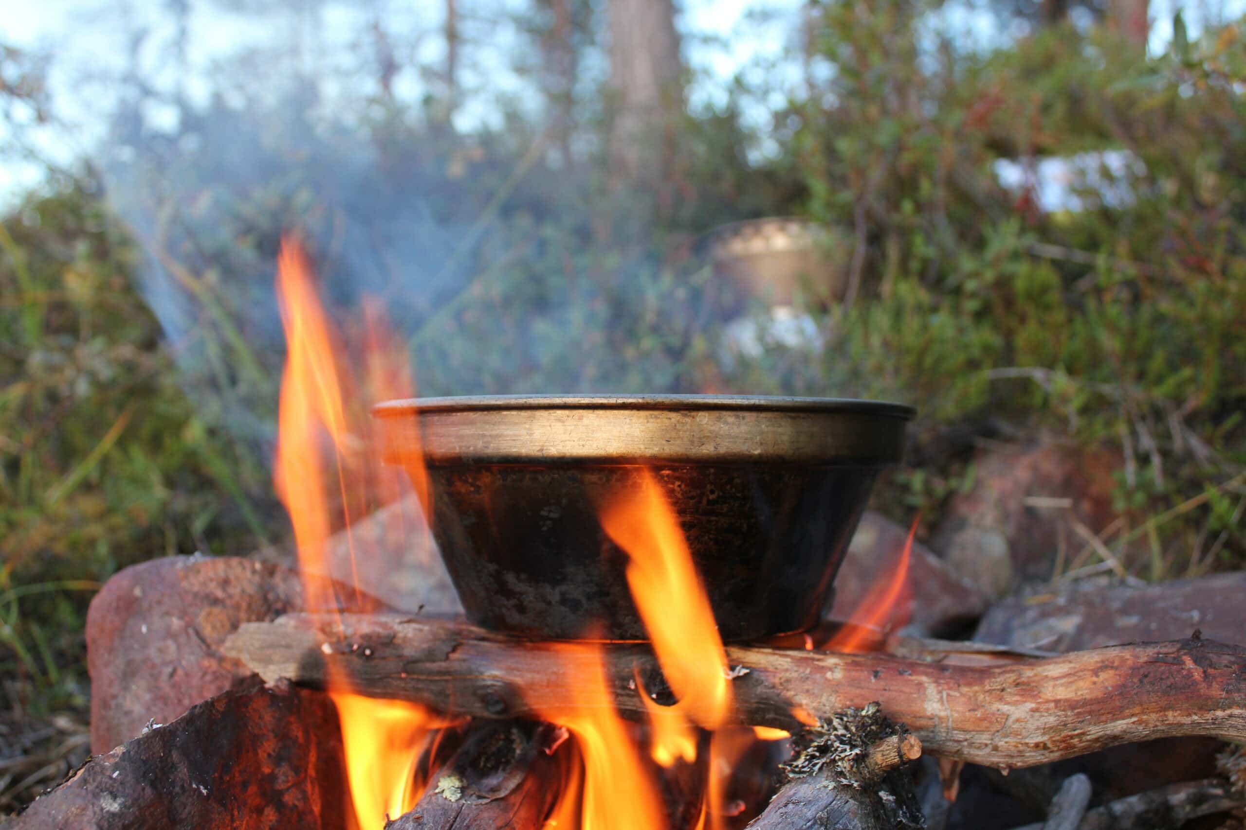 Feuerstelle im Naturpark Neckartal-Odenwald mit Metalltopf über Flammen, umgeben von Waldboden und Grünpflanzen im Hintergrund.