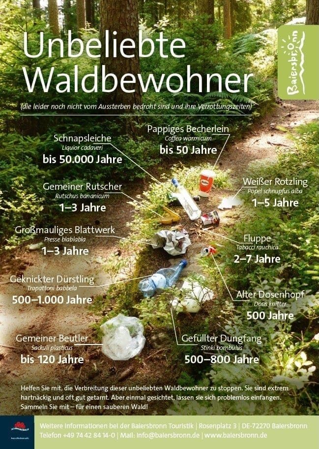 Plakat zeigt humorvolle Infografik zu Müll im Wald mit Zerfallszeiten verschiedener Abfälle und Aufruf zum Müllsammeln für saubere Natur.