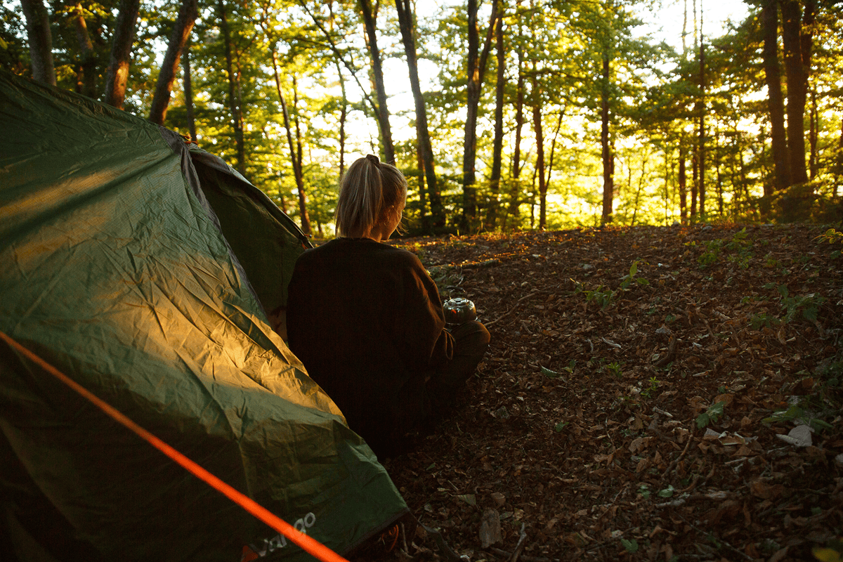Person sitzt im grünen Zelt im sonnendurchfluteten Wald, umgeben von Laub und Bäumen – ruhige Campingatmosphäre im Naturpark.