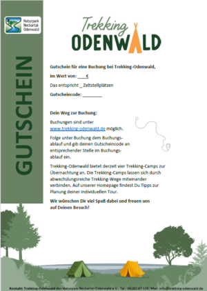 Gutschein für eine Übernachtung im Trekking-Camp Odenwald mit Buchungsinformationen und Hinweisen zur Einlösung.